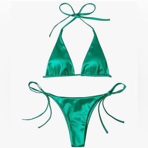 Emerald Green Satin String Bikini Set ✨
